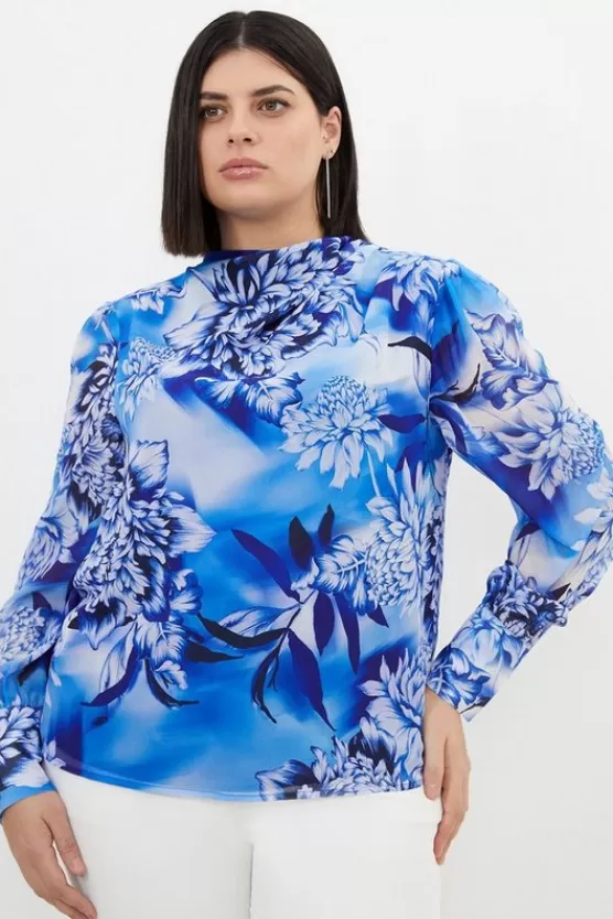 Sale Karen Millen Plus Size Rose Pleated Georgette Woven Blouse blue