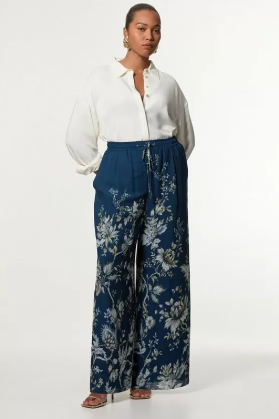 Best Karen Millen Plus Size Border Print Viscose Piped Woven Wide Leg Pants darknavy