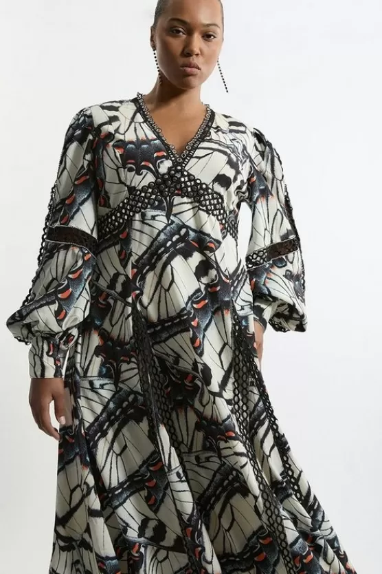 Outlet Karen Millen Plus Size Butterfly Print Lace Insert Trim Woven Midaxi Dress blue