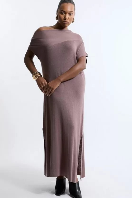 Cheap Karen Millen Plus Size Cashmere Blend One Off The Shoulder Midaxi Dress taupe