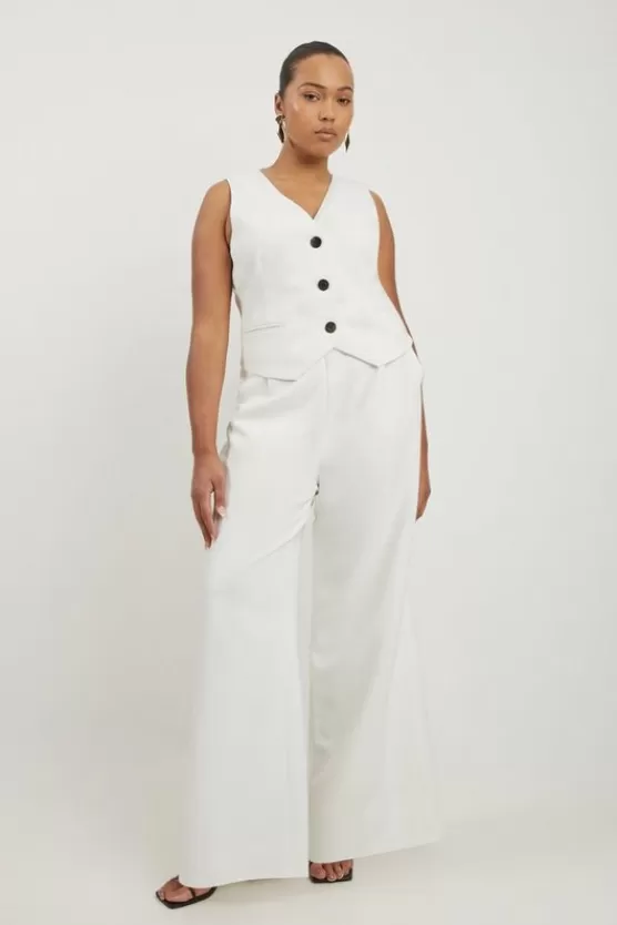Shop Karen Millen Plus Size Clean Tailored Grosgrain Tipped Wide Leg Pants ivory