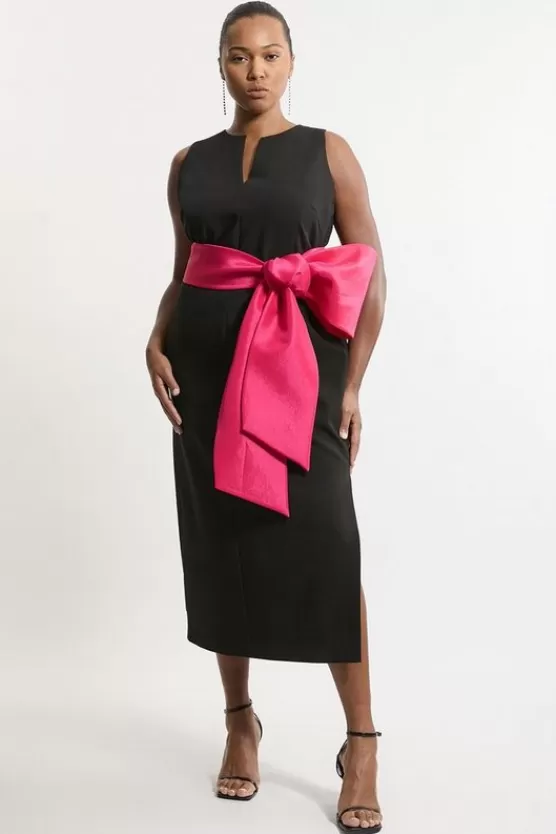 Outlet Karen Millen Plus Size Clean Tailored Taffeta Contrast Bow Tie Waist Midi Dress black