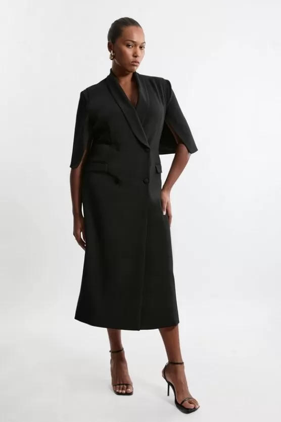 Hot Karen Millen Plus Size Clean Tailored Tuxedo Cape Sleeve Midi Blazer Dress black