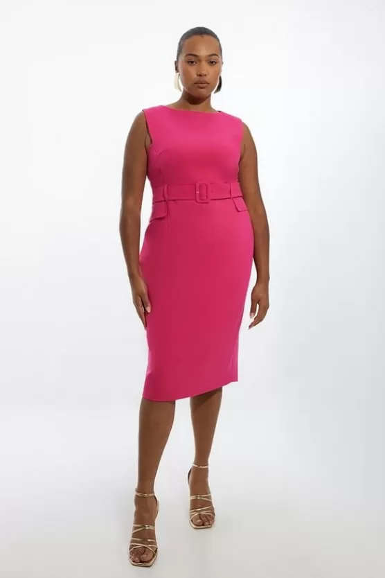 Fashion Karen Millen Plus Size Compact Stretch Belted Tailored Midi Pencil Dress pink