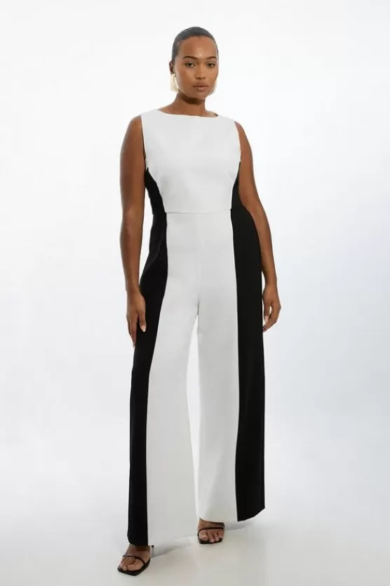 Fashion Karen Millen Plus Size Compact Stretch Color Block Panelled Tailored Wide Leg Jumpsuit mono