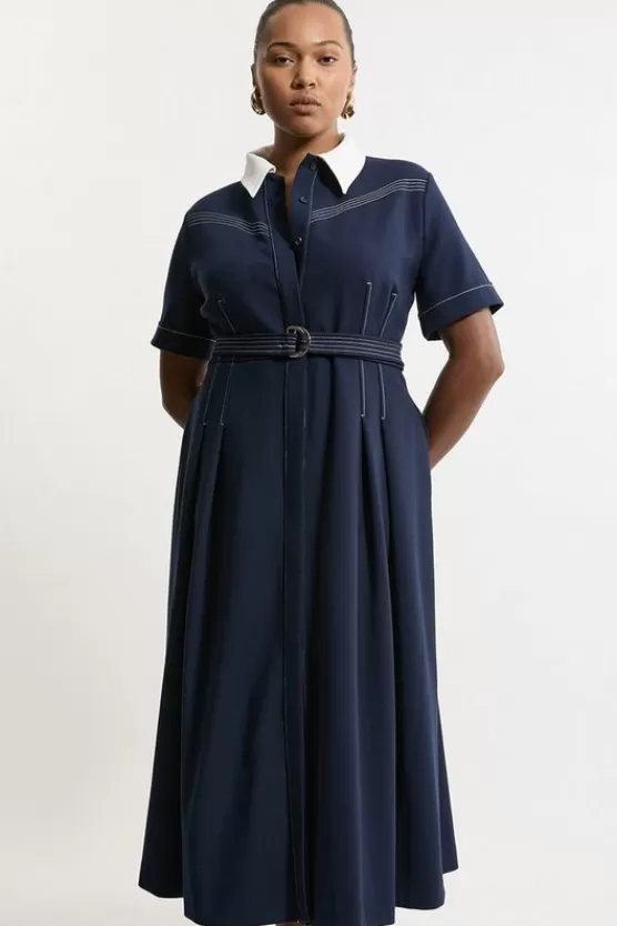 Cheap Karen Millen Plus Size Compact Stretch Contrast Collar Full Skirted Midi Dress navy