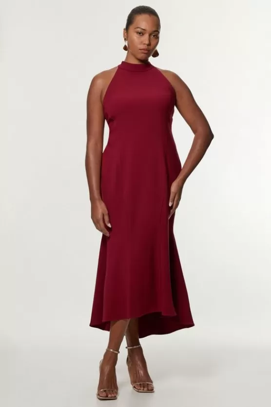 Best Karen Millen Plus Size Compact Stretch Essential Tailored High Neck Dip Hem Midi Dress fig