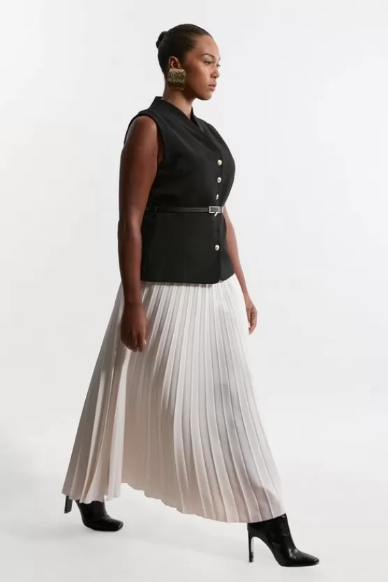 Sale Karen Millen Plus Size Compact Stretch Fluid Tailored Belted Pleated Full Skirt Midaxi Dress mono