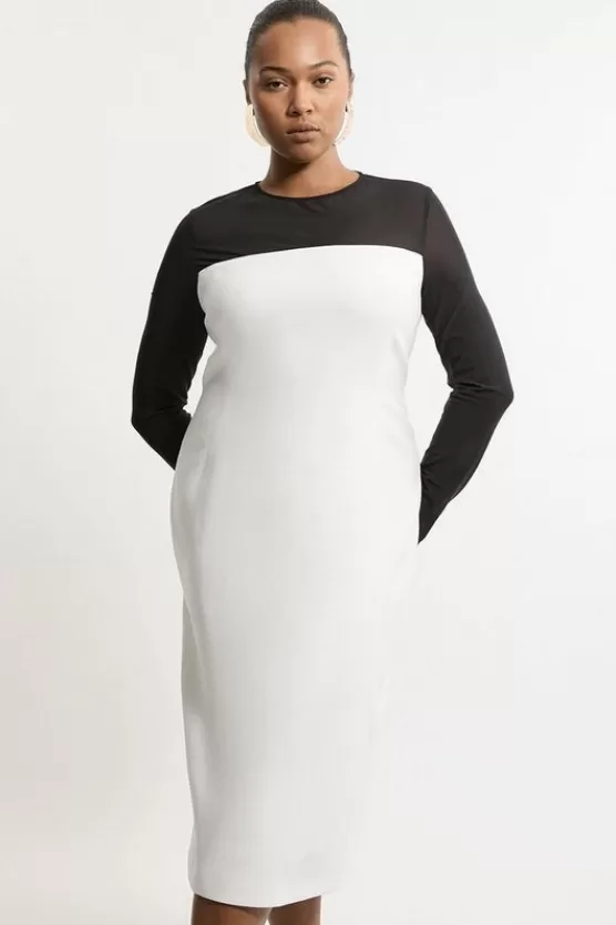 Best Sale Karen Millen Plus Size Compact Stretch Sheer Insert Tailored Midi Dress ivory