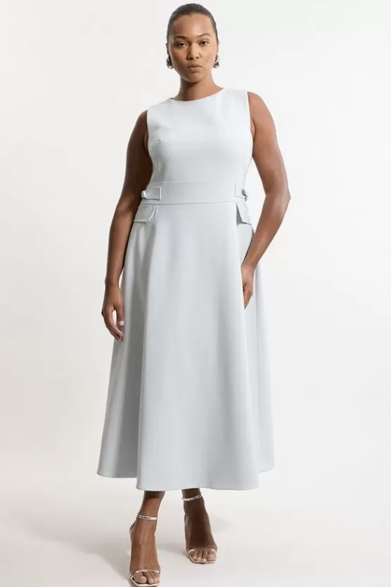 Best Sale Karen Millen Plus Size Compact Stretch Tab Waist Detail Full Skirt Midi Dress paleblue