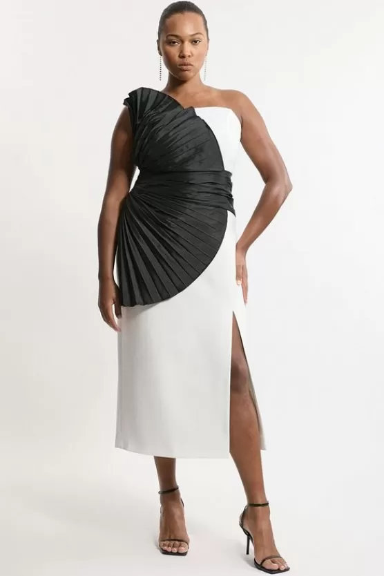 Best Karen Millen Plus Size Compact Stretch Taffeta Ruffle Detail Strappy Tailored Midi Dress mono