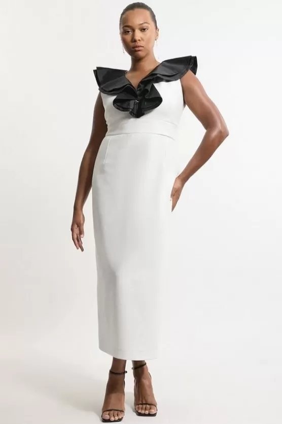 Clearance Karen Millen Plus Size Compact Stretch Taffeta Ruffle Tailored Midi Dress ivory
