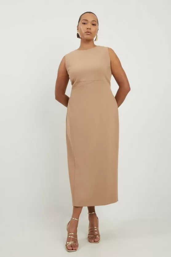 New Karen Millen Plus Size Compact Stretch Tailored Pencil Midi Dress camel