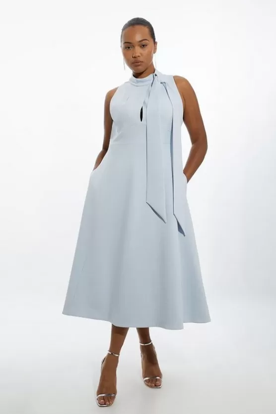 Cheap Karen Millen Plus Size Compact Stretch Tie Neck Full Skirted Midi Dress paleblue
