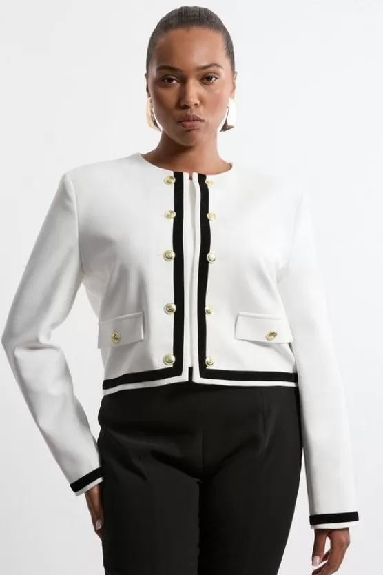 Discount Karen Millen Plus Size Compact Stretch Tipped Velvet Contrast Collarless Tailored Jacket mono