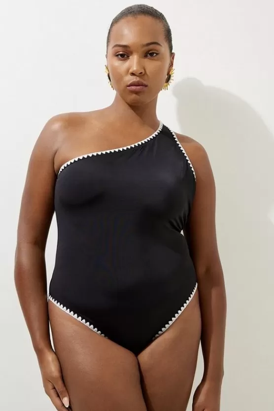 New Karen Millen Plus Size Contrast Stitch One Shoulder Swimsuit black