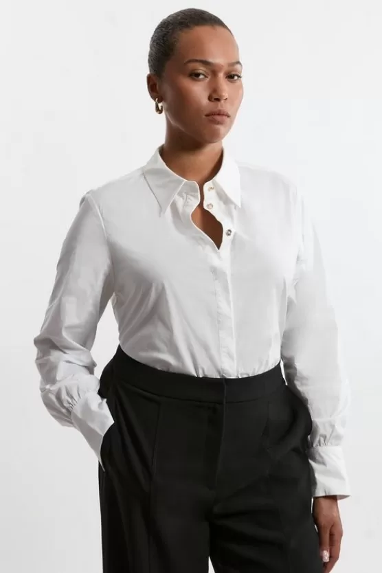 Best Sale Karen Millen Plus Size Cotton Button Sleeve Detail Striped Woven Shirt white