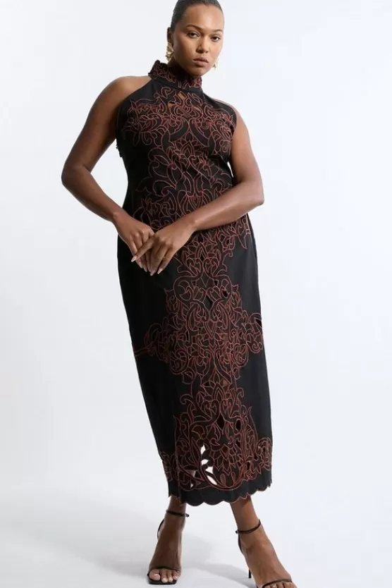 New Karen Millen Plus Size Cotton Cutwork Woven Halter Midi black