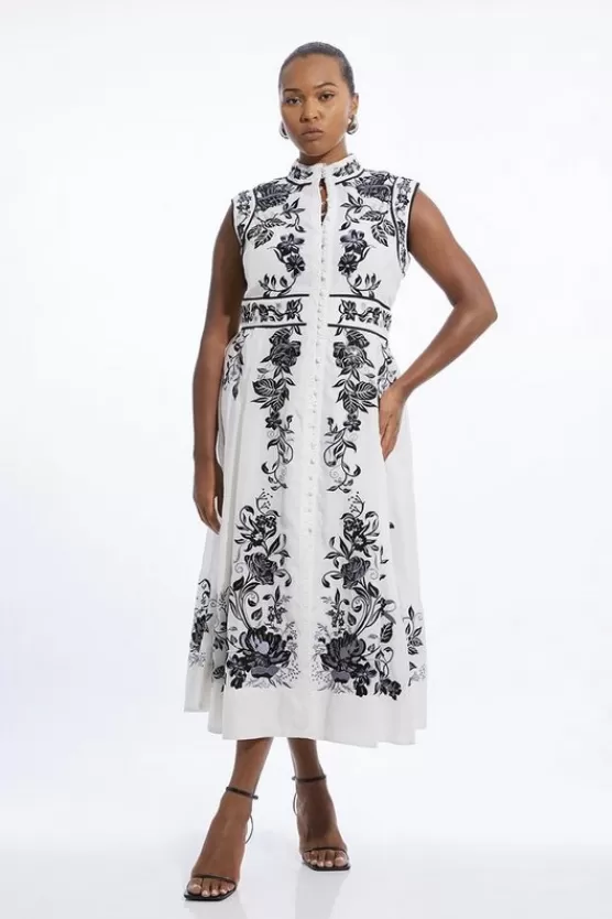 Clearance Karen Millen Plus Size Cotton Embroidery Woven Button Up Midi Dress mono