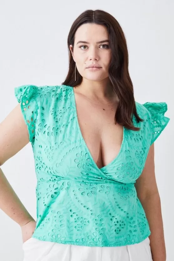 Store Karen Millen Plus Size Cotton Eyelet Ruffle Sleeve Top green