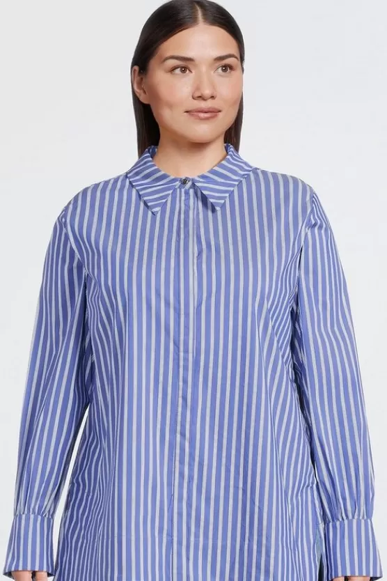New Karen Millen Plus Size Cotton Poplin Button Sleeve Detail Woven Shirt navy