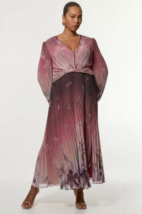 Clearance Karen Millen Plus Size Crinkle Pleat Border Balloon Sleeve Woven Maxi Dress floral