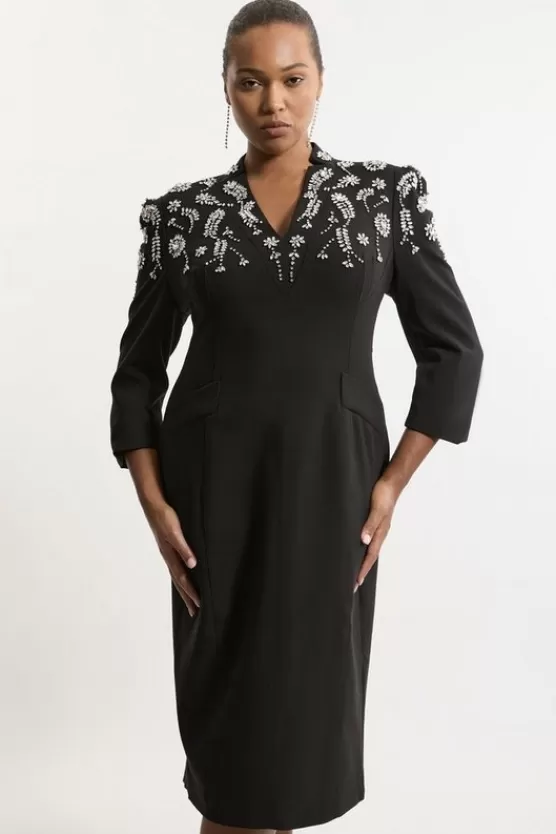 Sale Karen Millen Plus Size Crystal Embellished Compact Stretch Belted Tailored Forever Dress black