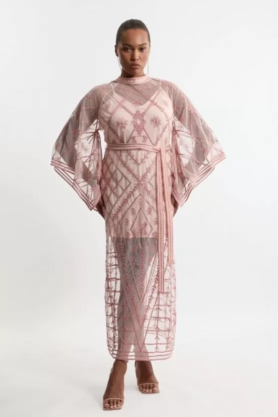New Karen Millen Plus Size Crystal Embellished Kimono Sleeve Woven Maxi Dress blush