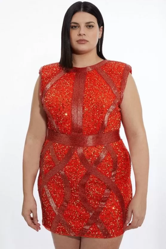 Cheap Karen Millen Plus Size Crystal Embellished Strong Shoulder Mini Dress orange
