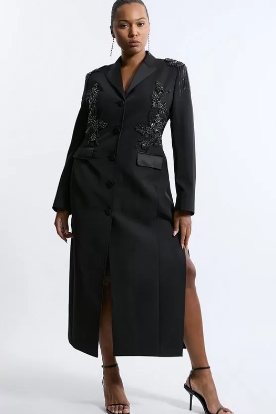 Fashion Karen Millen Plus Size Crystal Embellished Tailored Tuxedo Blazer Midaxi Dress black