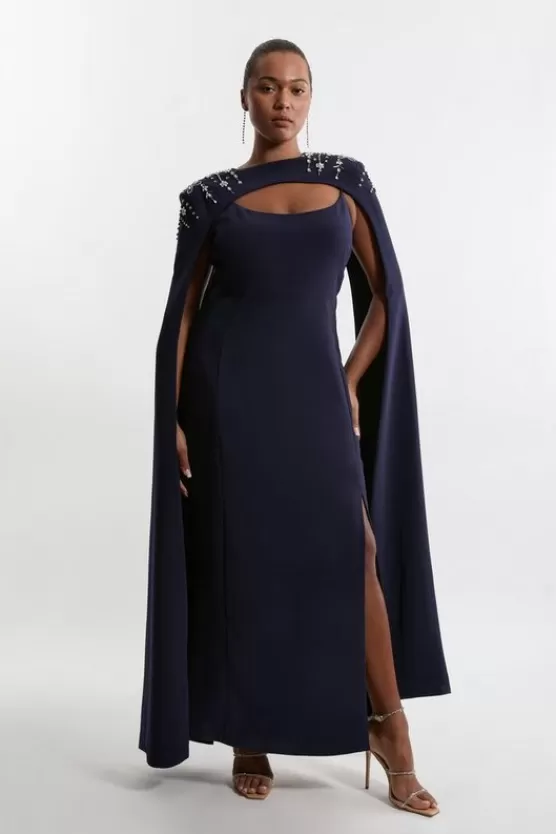Online Karen Millen Plus Size Crystal Embellished Viscose Crepe Woven Maxi Dress With Detachable Cape navy