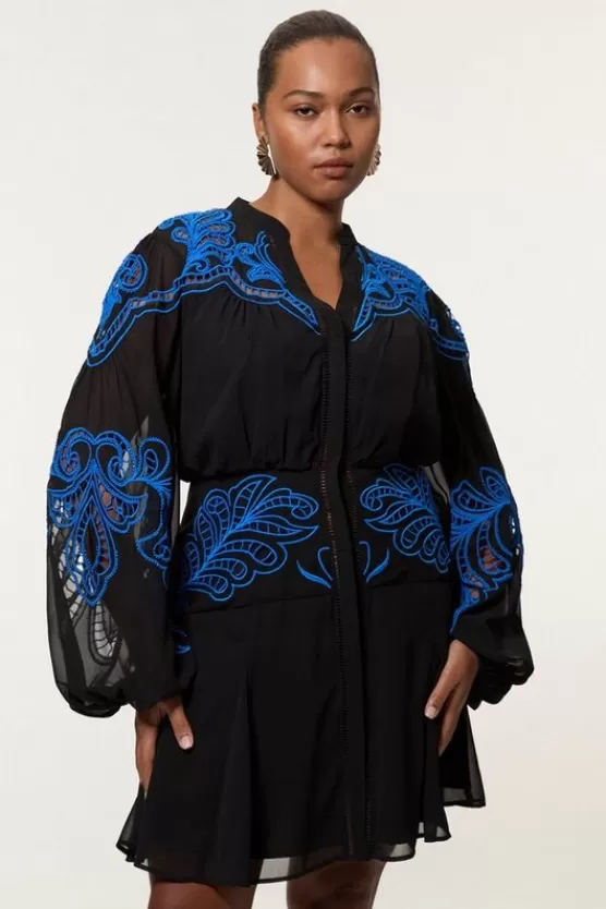 Fashion Karen Millen Plus Size Cutwork Beaded Embroidered Woven Mini Dress black