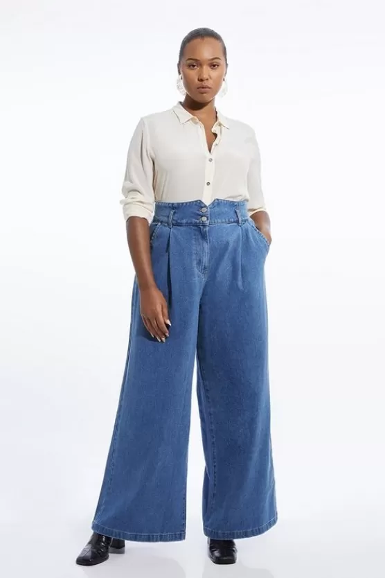 Online Karen Millen Plus Size Denim Wide Leg Pants midblue