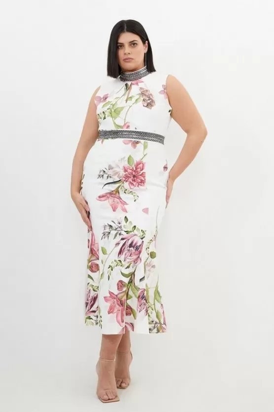 Cheap Karen Millen Plus Size Diamante Trim Woven Sleeveless Maxi Dress floral