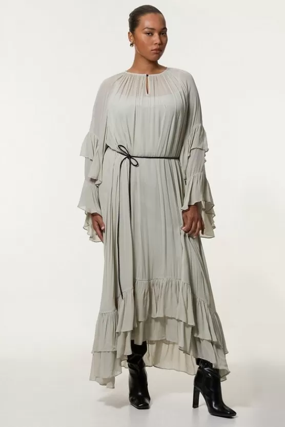 Sale Karen Millen Plus Size Drama Kimono Viscose Georgette Woven Maxi Dress With PU Belt sage