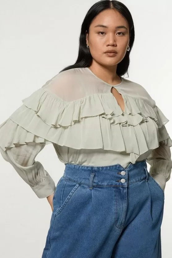 Best Sale Karen Millen Plus Size Drama Ruffle Viscose Georgette Woven Blouse sage