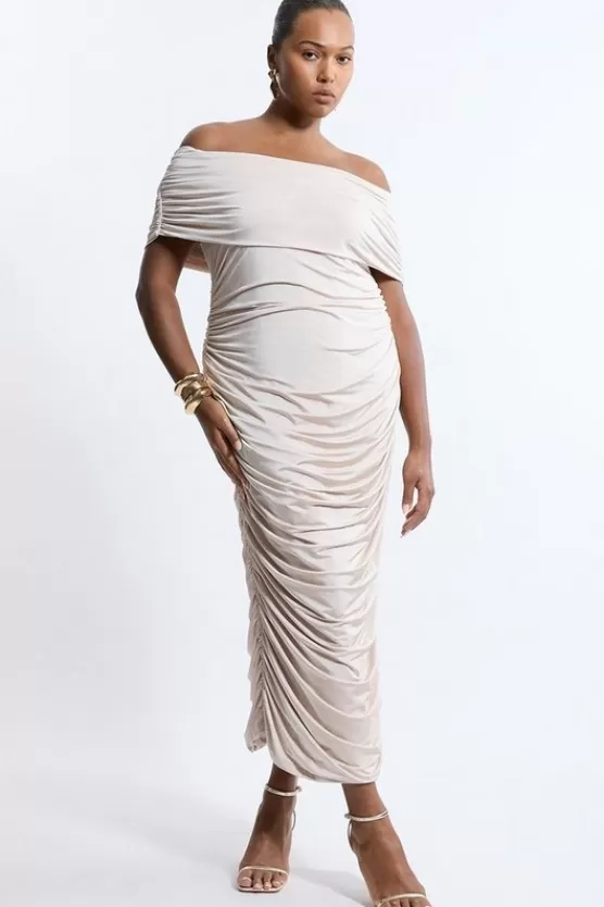 Flash Sale Karen Millen Plus Size Drapey Slinky Jersey Off The Shoulder Maxi Dress oyster