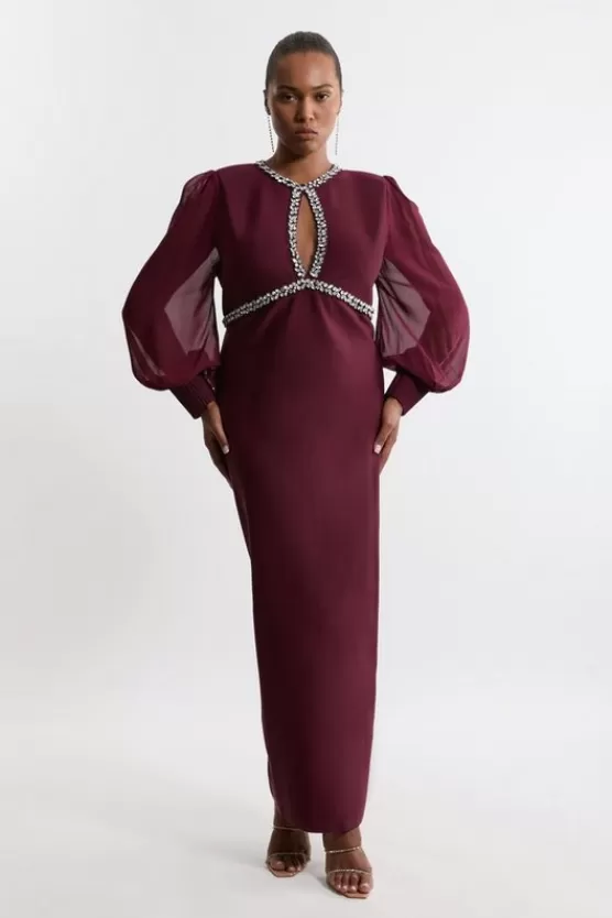 Shop Karen Millen Plus Size Embellished And Chiffon Sleeve Figure Form Knit Midaxi Dress burgundy