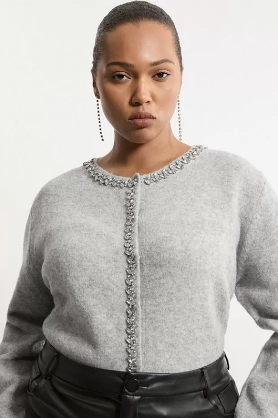 Best Sale Karen Millen Plus Size Embellished Trim Cosy Knit Cardigan grey