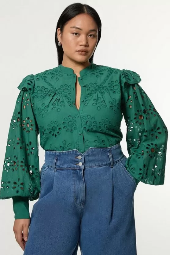 Clearance Karen Millen Plus Size Eyelet Woven Blouse With Guipure Trim green