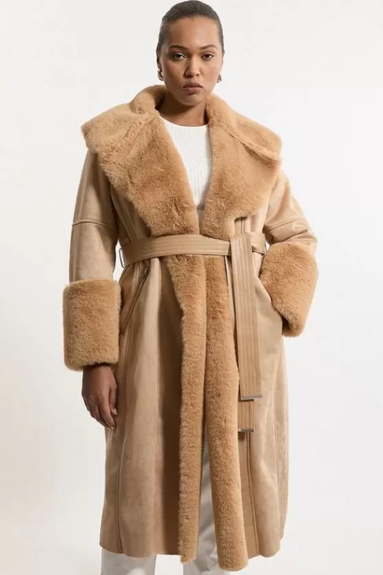 Outlet Karen Millen Plus Size Faux Shearling Collar & Cuff Belted Long Coat camel