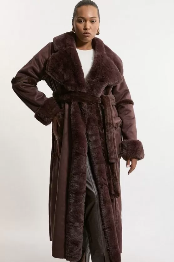 Best Karen Millen Plus Size Faux Shearling Collar & Cuff Tie Belt Maxi Coat chocolate