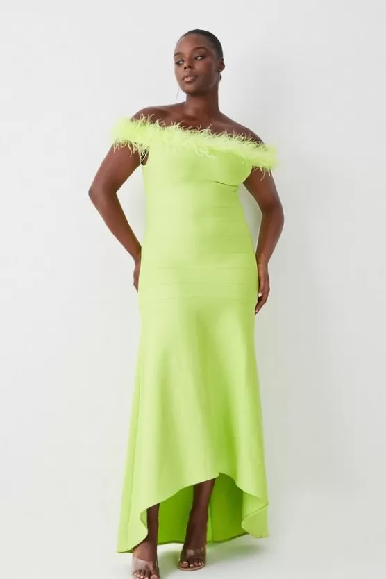 Best Sale Karen Millen Plus Size Feather Detail Bandage Bardot Maxi Dress lime