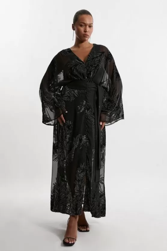 New Karen Millen Plus Size Feather Devore Woven Kimono Maxi Dress black