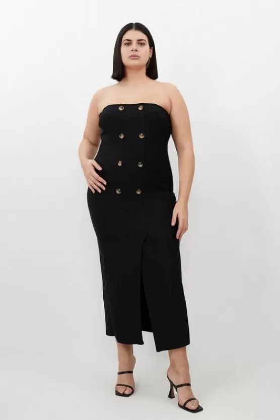 Fashion Karen Millen Plus Size Figure Form Bandage Button Bandeau Midi Dress black