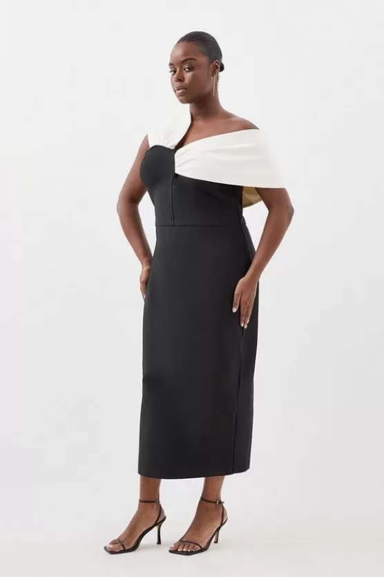 Discount Karen Millen Plus Size Figure Form Bandage Knit Asymmetric Strap Midi Dress black