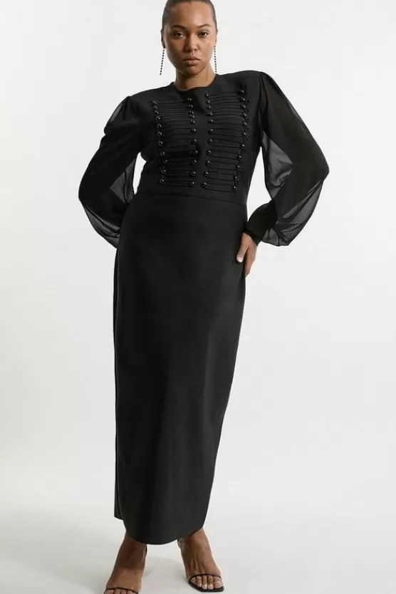 Cheap Karen Millen Plus Size Figure Form Bandage Knit Chiffon Sleeve Military Trim Midaxi Dress black
