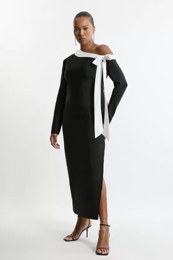 New Karen Millen Plus Size Figure Form Bandage Knit Contrast Bow Detail Midaxi Dress mono