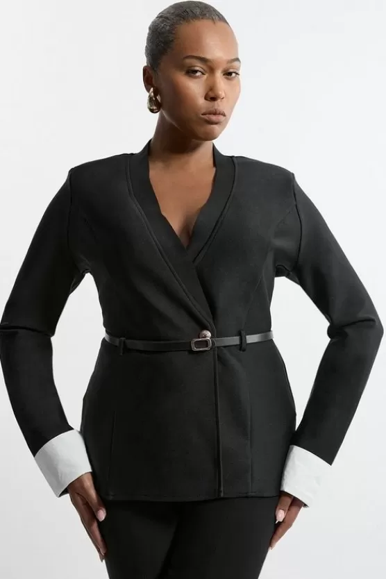 Outlet Karen Millen Plus Size Figure Form Bandage Knit Woven Cuff And Belted Jacket black