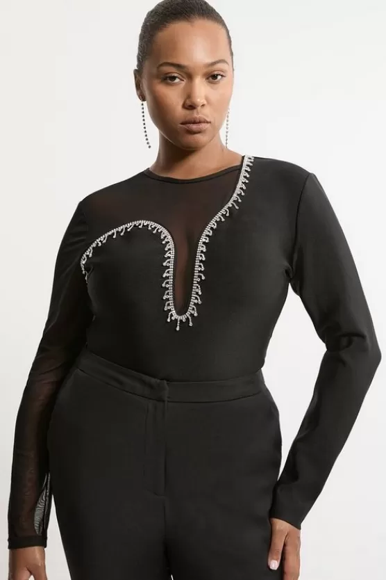 New Karen Millen Plus Size Figure Form Bandage Mesh Detail Embellished Knit Top black